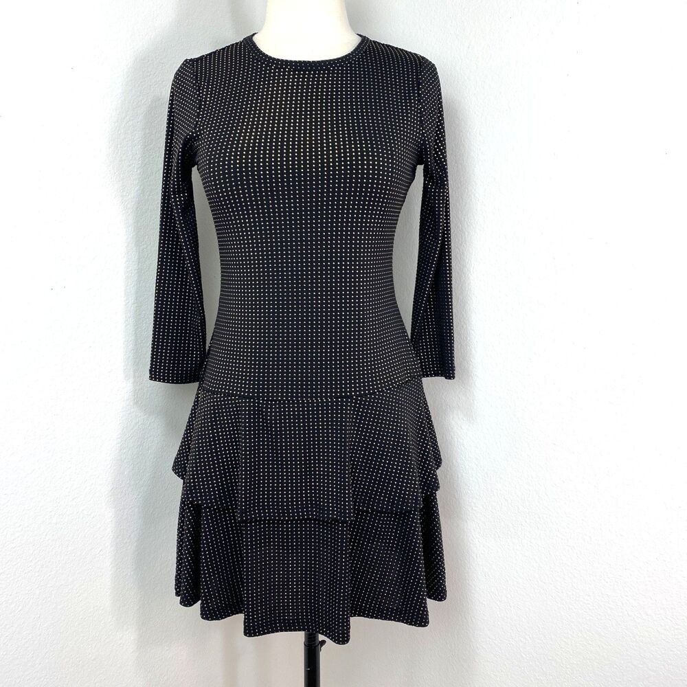 Michael Michael Kors Black Gold Studded Dress XS Drop Waist Flounces 3/4 Sleeves